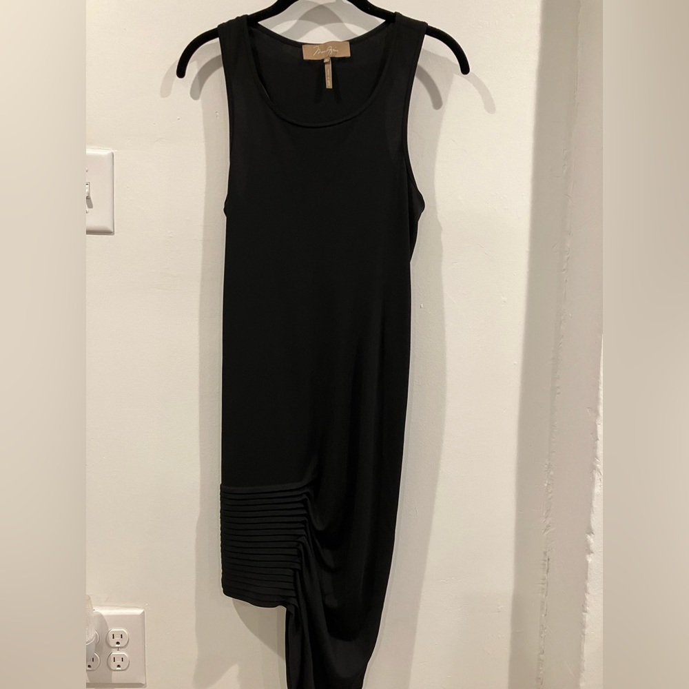 MaxAzria racer back detail tank dress w/ pleated asymmetrical hem detail